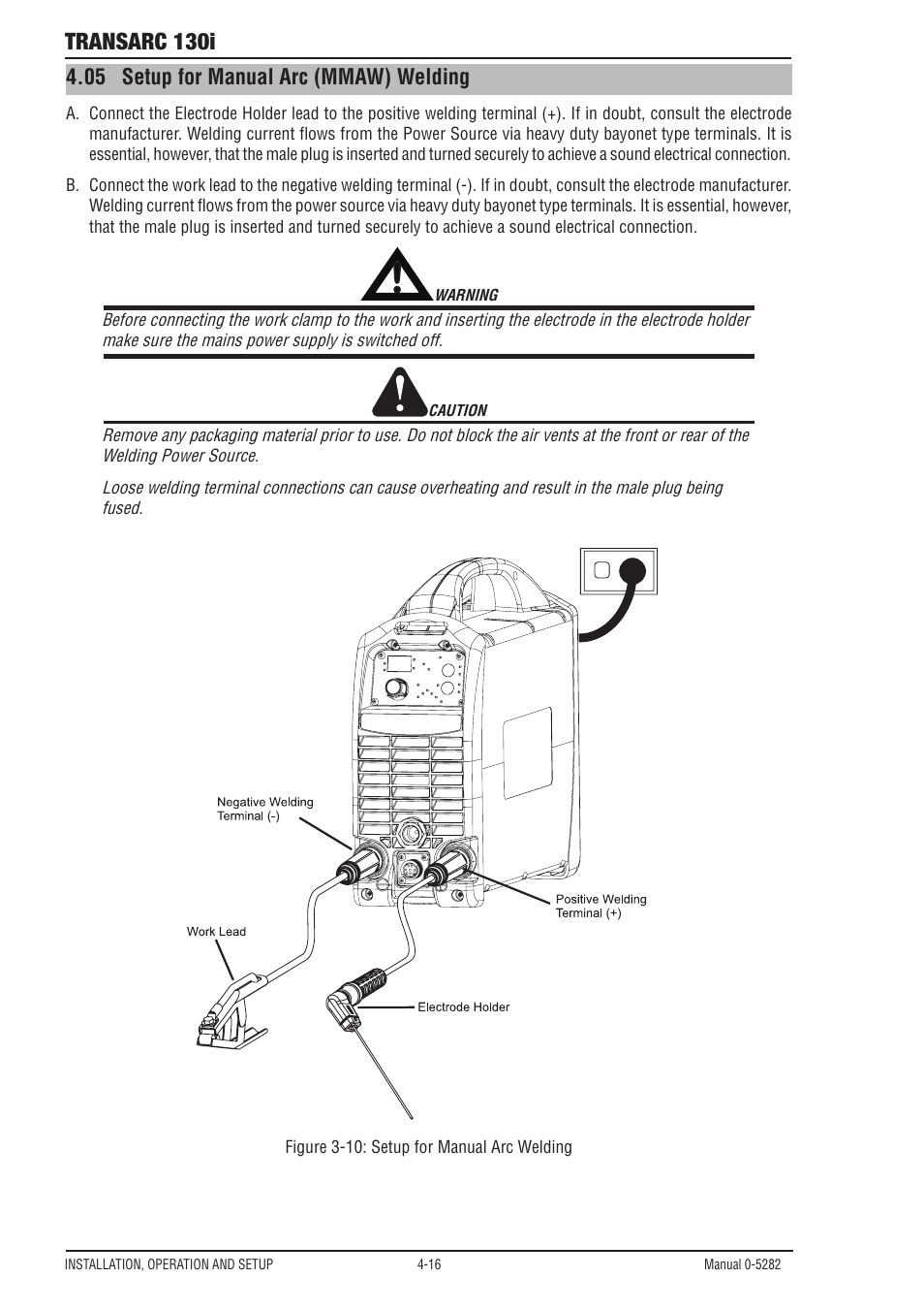 10 setup for manual arc (mmaw) welding, Setup for manual arc (mmaw) welding -16, Transarc 130i | Tweco 130i Transarc Service Manual User Manual | Page 40 / 86