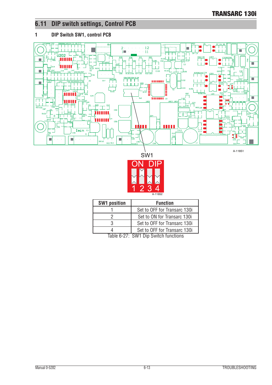 10 dip switch settings, control pcb, Dip switch settings, control pcb -13, Transarc 130i | 11 dip switch settings, control pcb | Tweco 130i Transarc Service Manual User Manual | Page 55 / 86