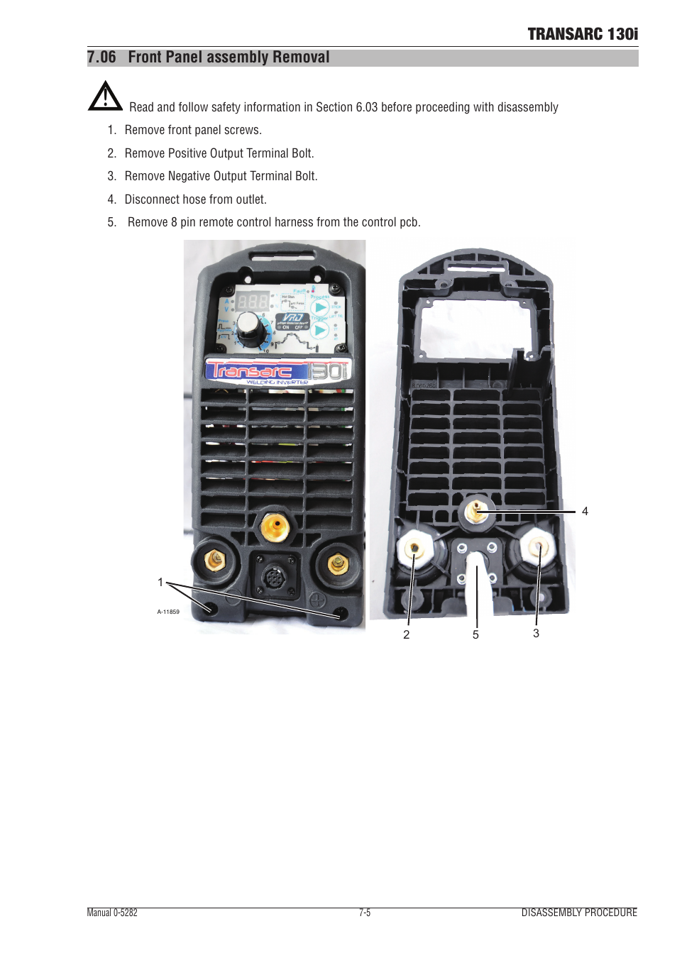06 front panel assembly removal, Front panel assembly removal -5, Transarc 130i | Tweco 130i Transarc Service Manual User Manual | Page 65 / 86