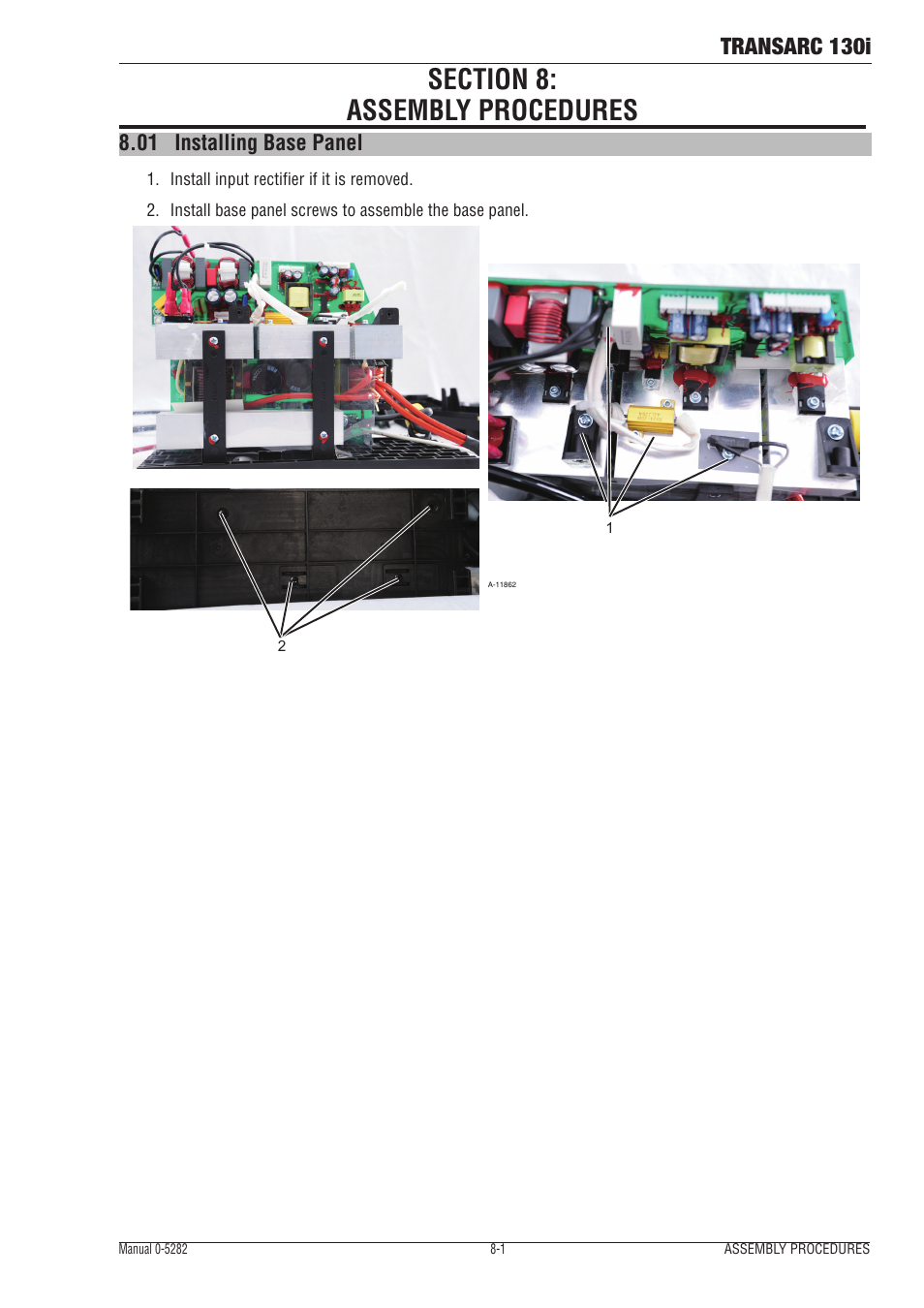 Section 8: assembly procedures, 01 installing base panel, Section 8 | Assembly procedures -1, Installing base panel -1, Transarc 130i | Tweco 130i Transarc Service Manual User Manual | Page 69 / 86