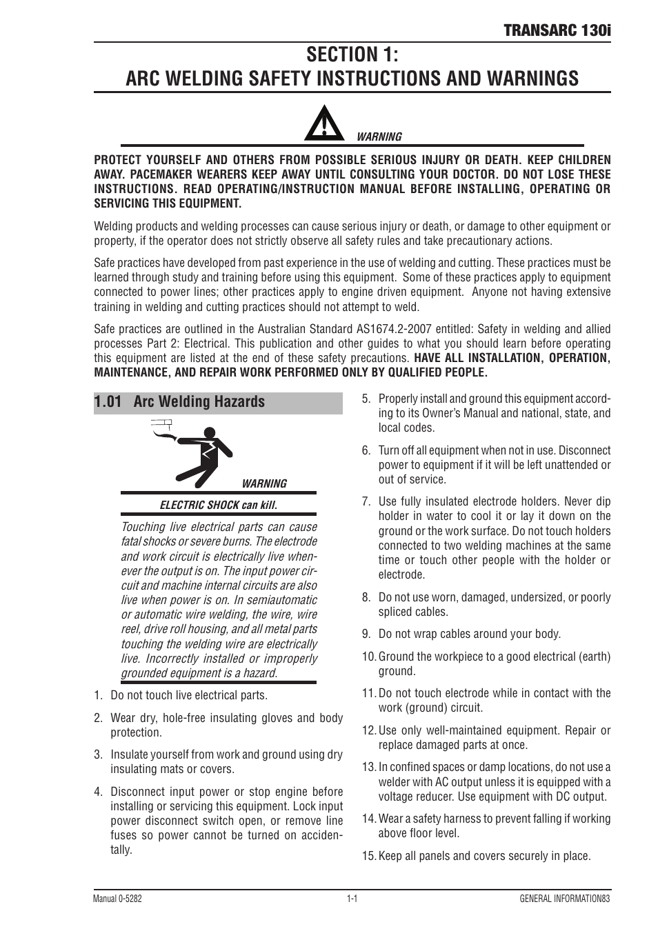 01 arc welding hazards, Section 1, Arc welding safety instructions and warnings -1 | Arc welding hazards -1, Transarc 130i | Tweco 130i Transarc Service Manual User Manual | Page 7 / 86