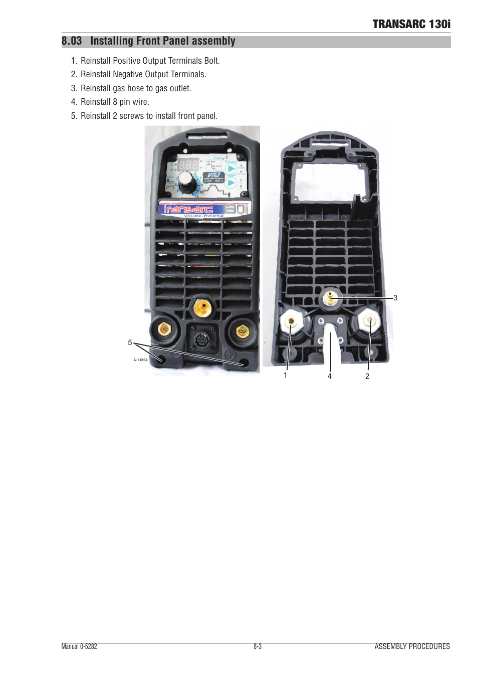 03 installing front panel assembly, Installing front panel assembly -3, Transarc 130i | Tweco 130i Transarc Service Manual User Manual | Page 71 / 86