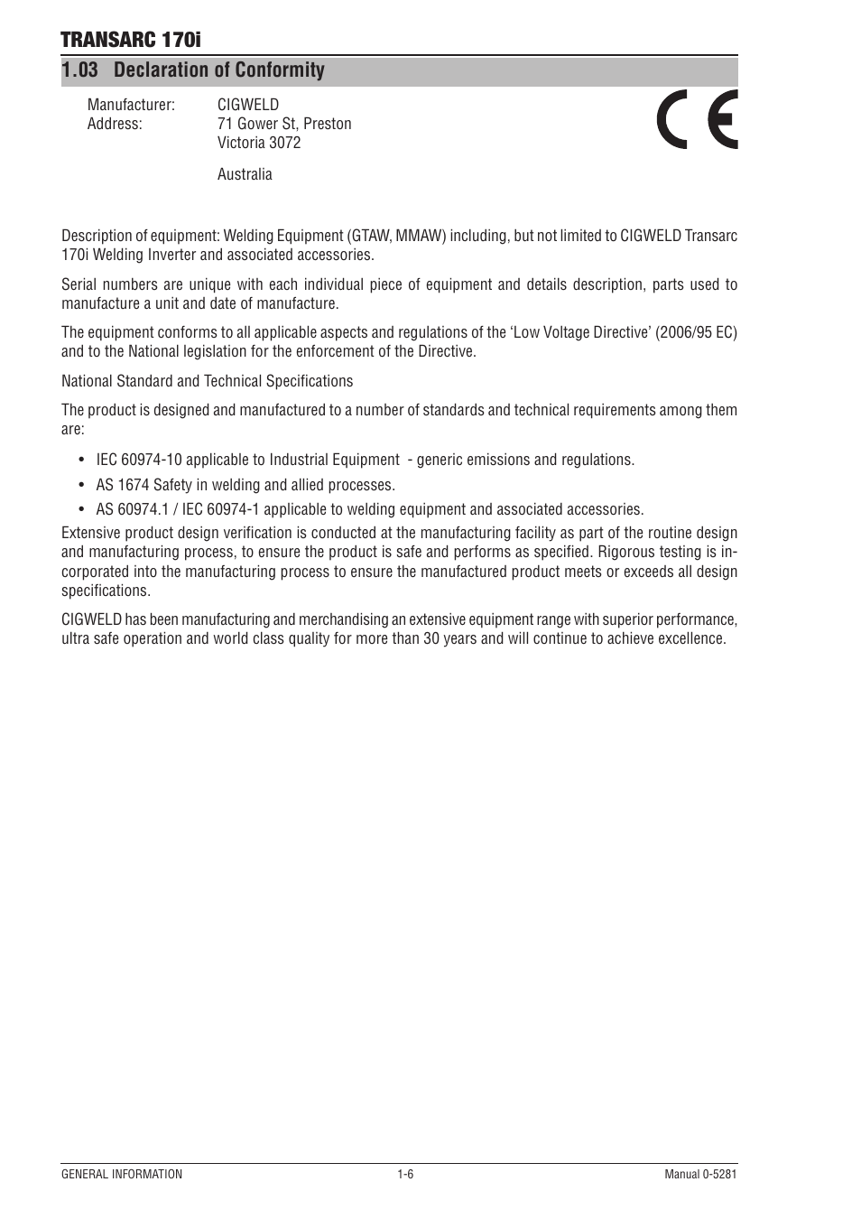 03 declaration of conformity, Declaration of conformity -6, Transarc 170i | Tweco 170i Transarc User Manual | Page 12 / 72