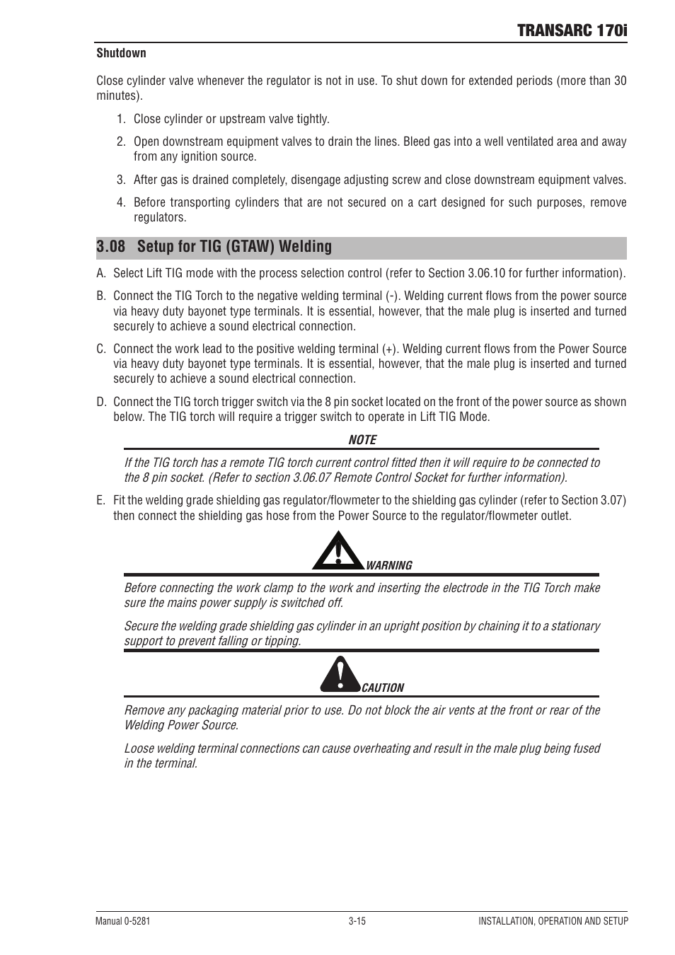 17 setup for tig (gtaw) welding, Transarc 170i, 08 setup for tig (gtaw) welding | Tweco 170i Transarc User Manual | Page 33 / 72