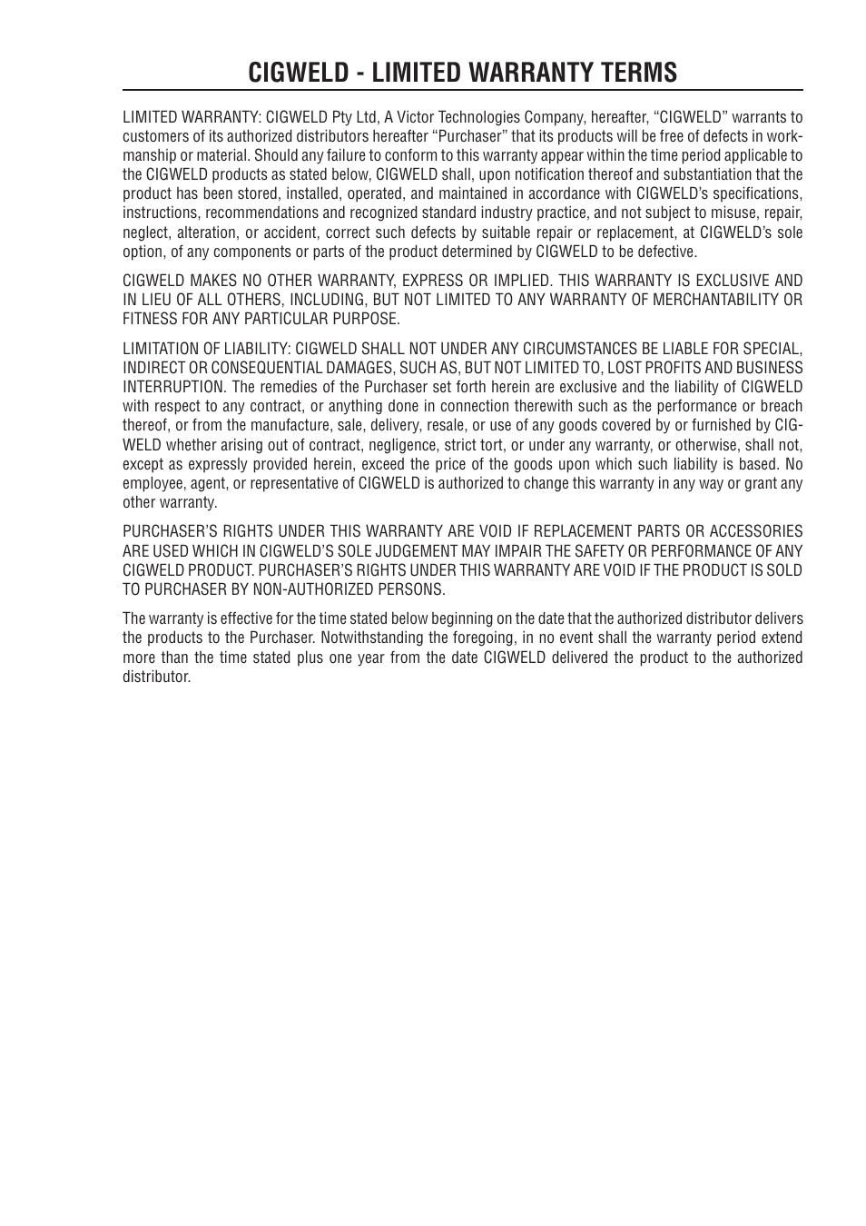 Cigweld - limited warranty terms | Tweco 170i Transarc User Manual | Page 67 / 72