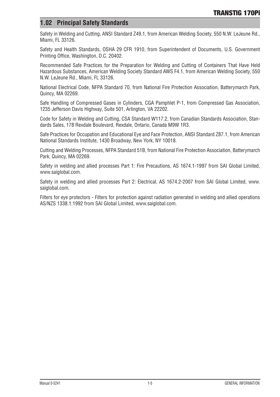 02 principal safety standards, Principal safety standards -5, Transtig 170pi | Tweco 170Pi Transtig User Manual | Page 11 / 72