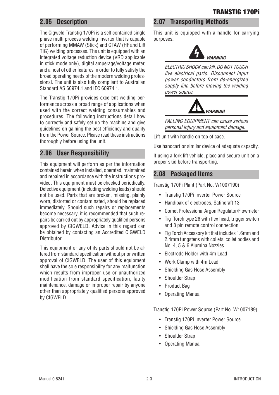 05 description, 06 user responsibility, 07 transporting methods | 08 packaged items, 05 description -3 2.06, User responsibility -3, Transporting methods -3, Packaged items -3, Transtig 170pi | Tweco 170Pi Transtig User Manual | Page 15 / 72
