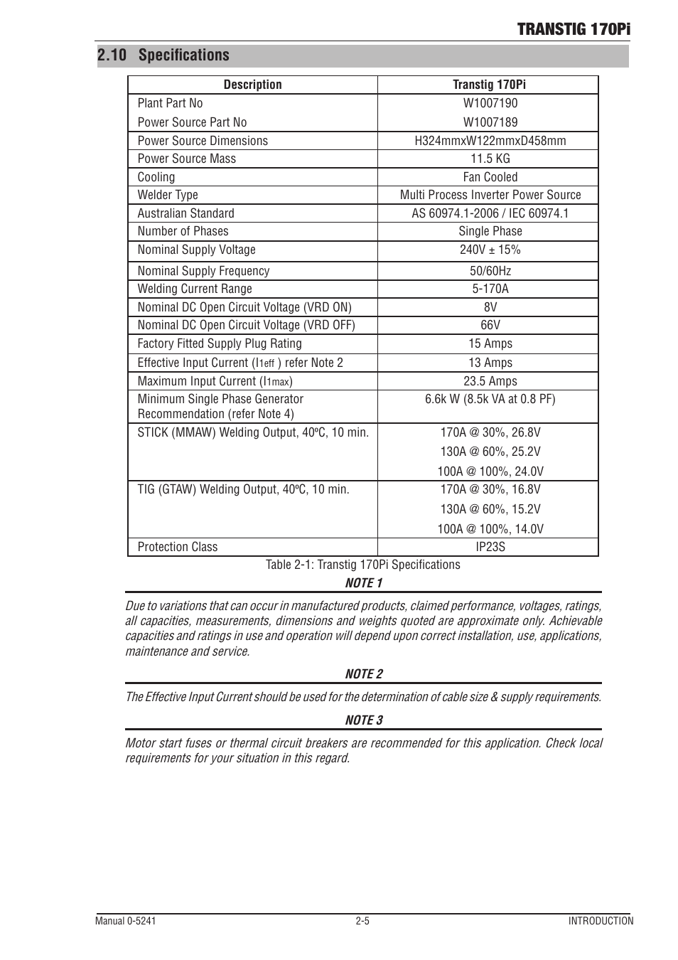 10 specifications, 10 specifications -5, Transtig 170pi | Tweco 170Pi Transtig User Manual | Page 17 / 72