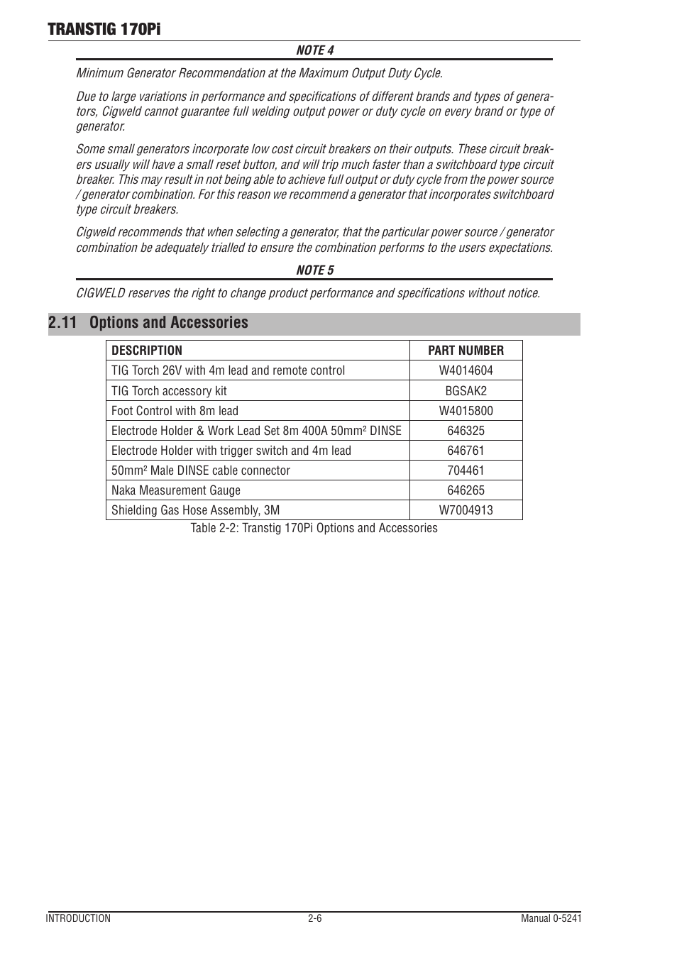 11 options and accessories, Options and accessories -6, Transtig 170pi | Tweco 170Pi Transtig User Manual | Page 18 / 72