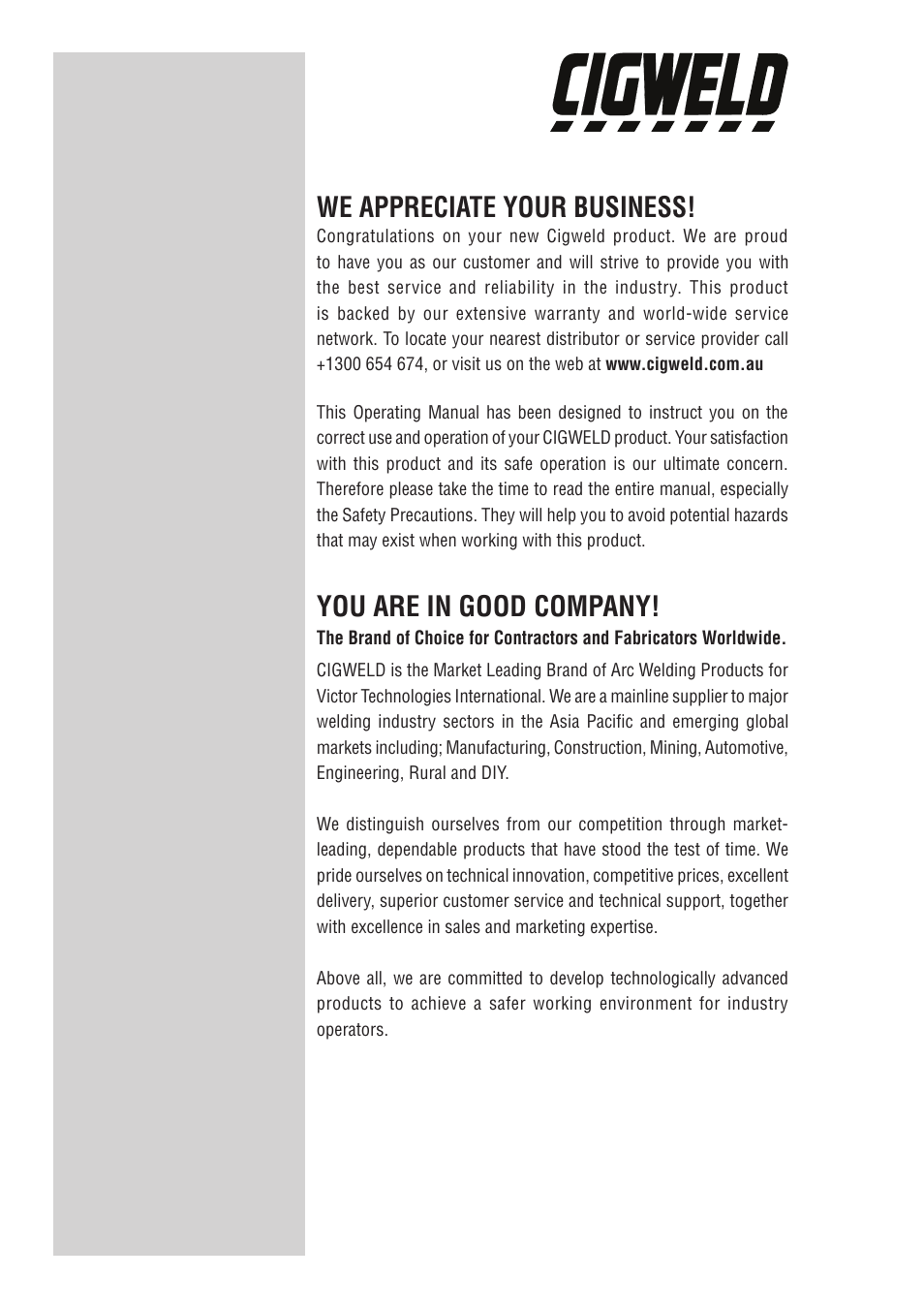 We appreciate your business, You are in good company | Tweco 170Pi Transtig User Manual | Page 2 / 72