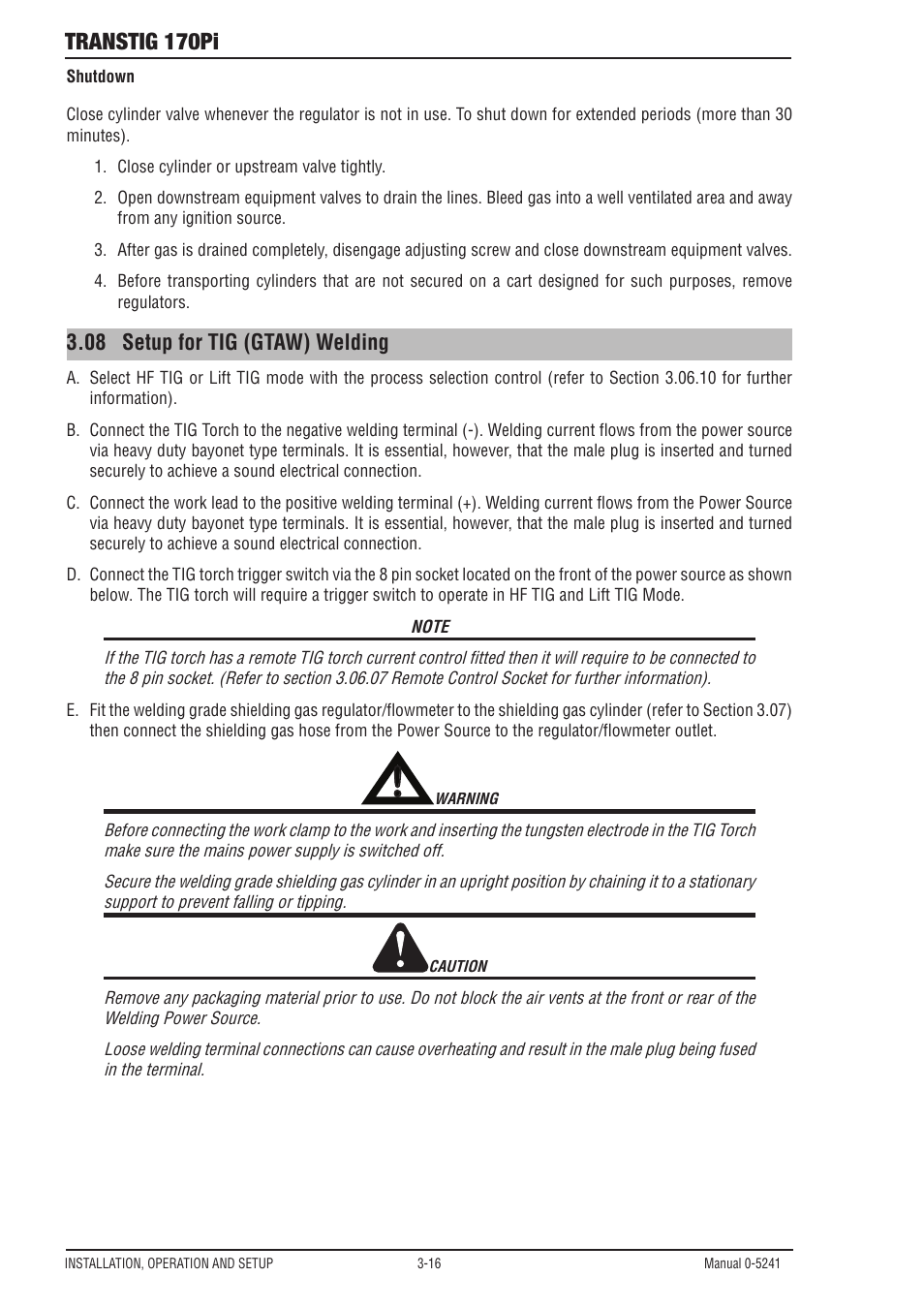 08 setup for tig (gtaw) welding, 17 setup for tig (gtaw) welding, Setup for tig (gtaw) welding -16 | Transtig 170pi | Tweco 170Pi Transtig User Manual | Page 34 / 72