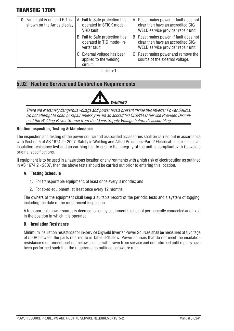 02 routine service and calibration requirements, Routine service and calibration requirements -2, Transtig 170pi | Tweco 170Pi Transtig User Manual | Page 58 / 72
