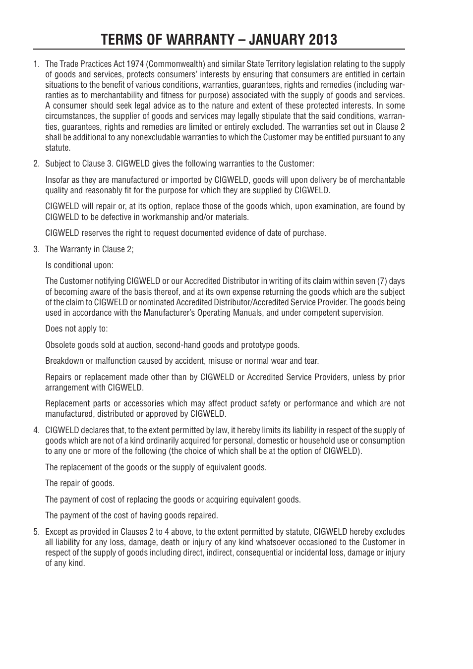 Terms of warranty – january 2013, Terms of warranty - july 2010 | Tweco 170Pi Transtig User Manual | Page 68 / 72