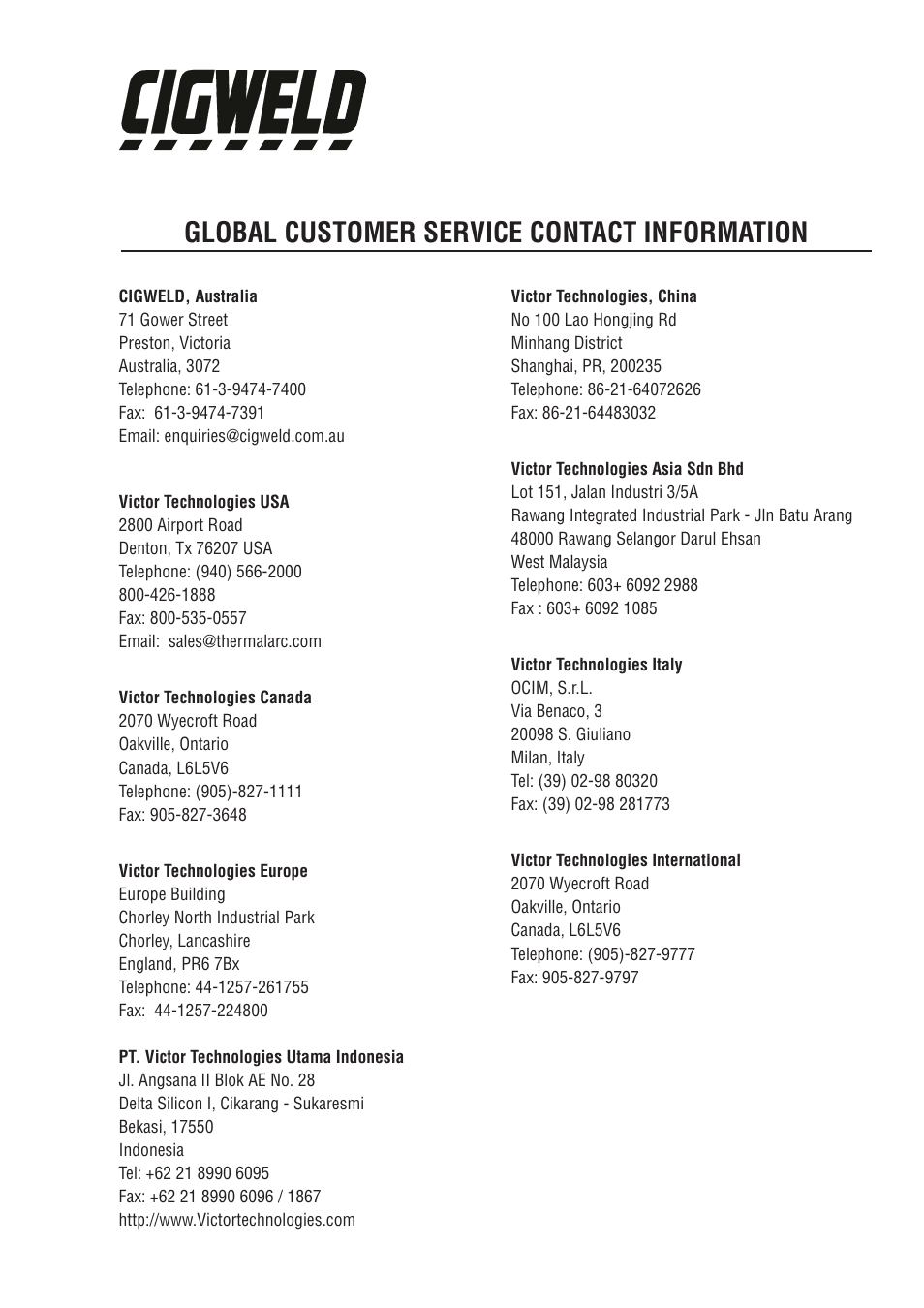 Global customer service contact information | Tweco 170Pi Transtig User Manual | Page 71 / 72