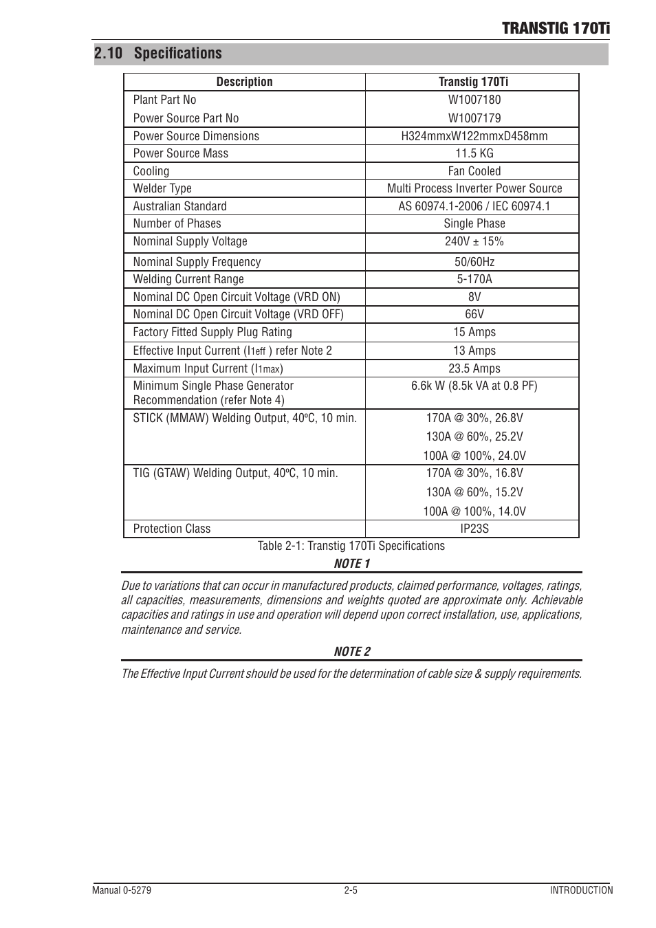 10 specifications, Transtig 170ti | Tweco 170Ti Transtig User Manual | Page 17 / 72