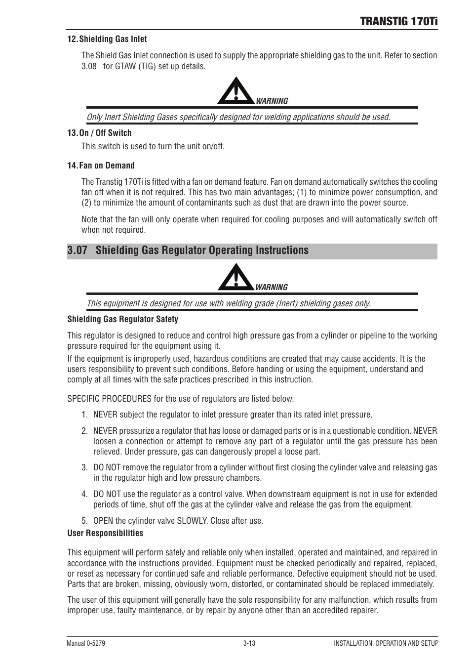 14 shielding gas regulator operating instructions, Transtig 170ti, 07 shielding gas regulator operating instructions | Tweco 170Ti Transtig User Manual | Page 31 / 72