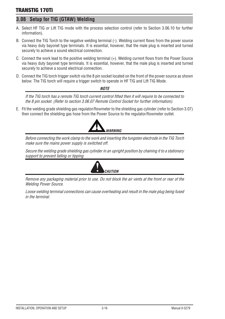 17 setup for tig (gtaw) welding, Transtig 170ti, 08 setup for tig (gtaw) welding | Tweco 170Ti Transtig User Manual | Page 34 / 72