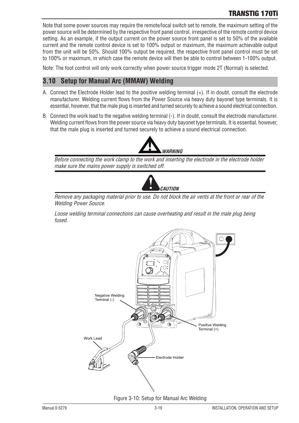 Transtig 170ti, 10 setup for manual arc (mmaw) welding | Tweco 170Ti Transtig User Manual | Page 37 / 72