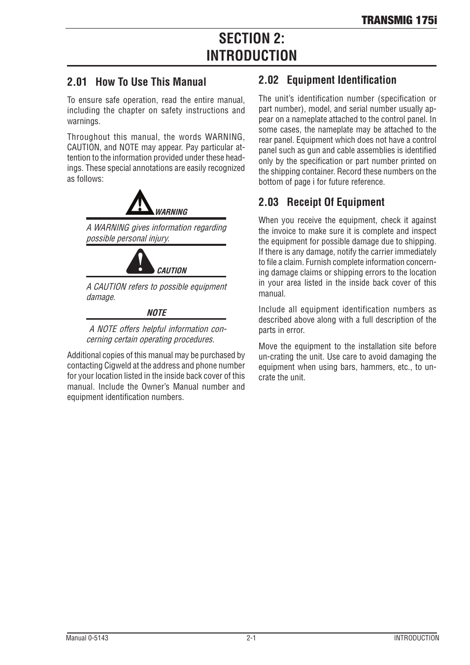 Section 2: introduction, 01 how to use this manual, 02 equipment identification | 03 receipt of equipment, Transmig 175i | Tweco 175i Transtig User Manual | Page 13 / 80