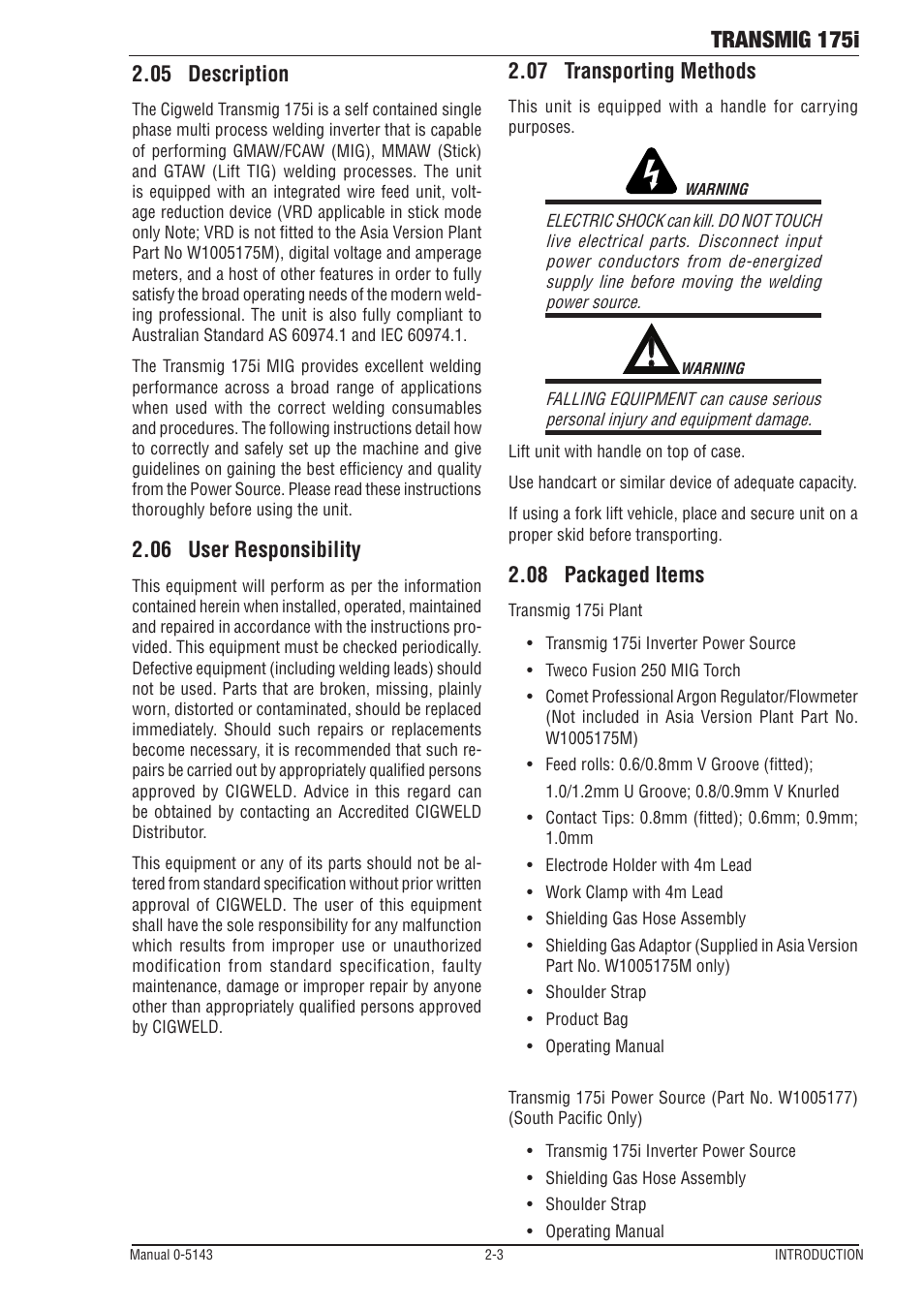 05 description, 06 user responsibility, 07 transporting methods | 08 packaged items, Transmig 175i | Tweco 175i Transtig User Manual | Page 15 / 80