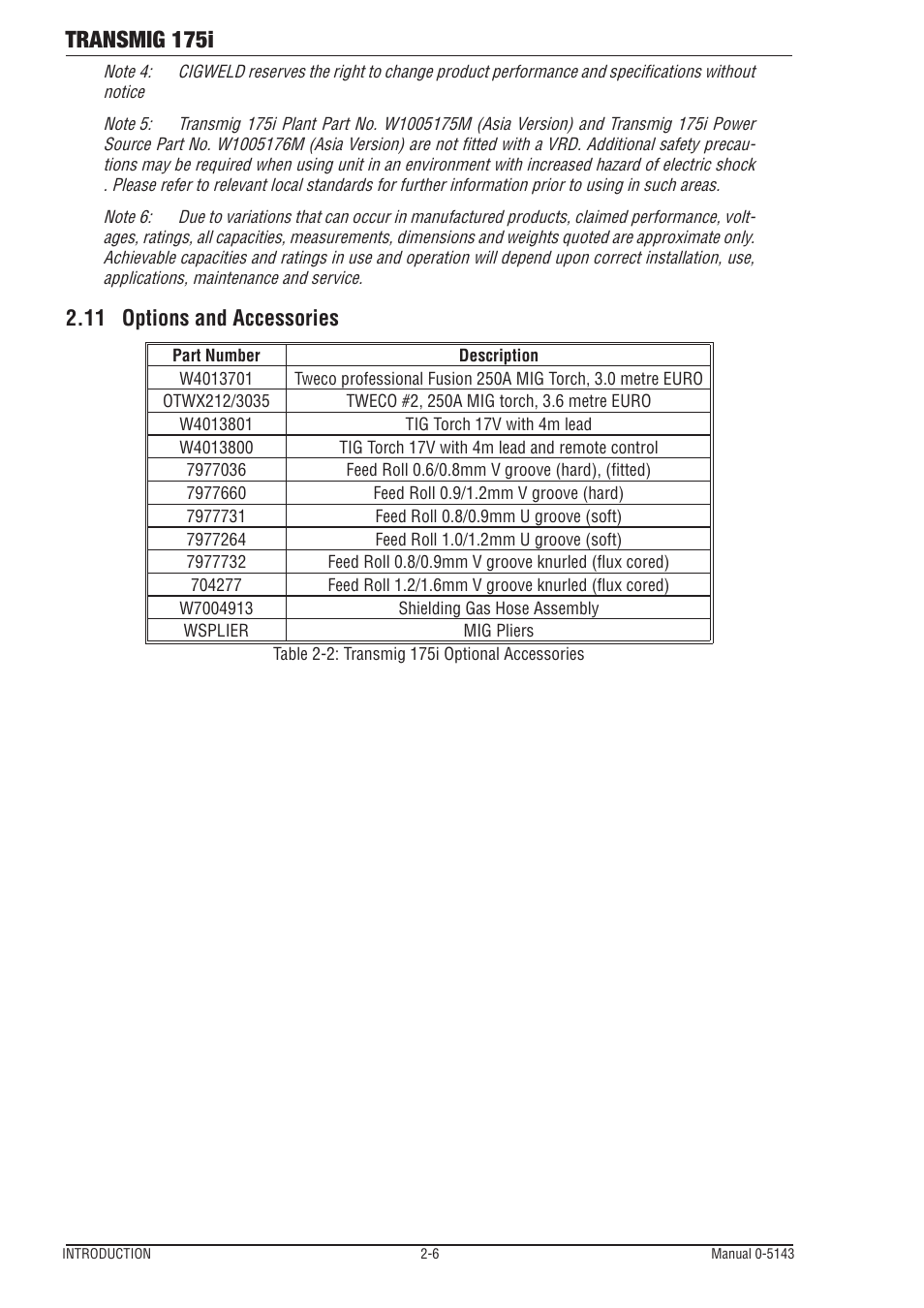 11 options and accessories, Transmig 175i | Tweco 175i Transtig User Manual | Page 18 / 80