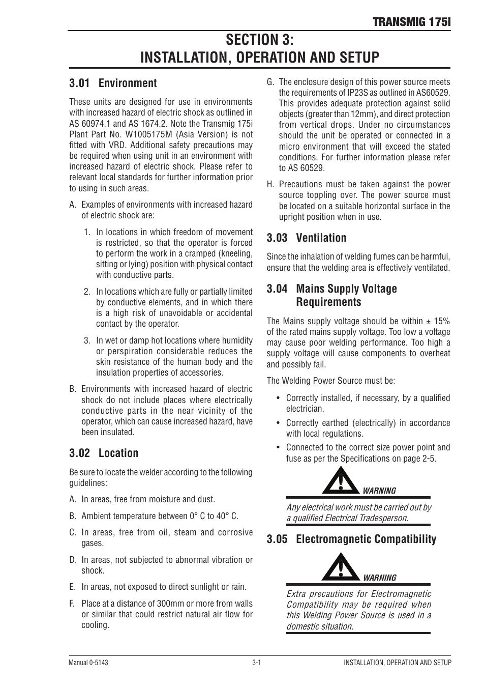 Section 3: installation, operation and setup, 01 environment, 02 location | 03 ventilation, 04 mains supply voltage requirements, 05 electromagnetic compatibility, Transmig 175i | Tweco 175i Transtig User Manual | Page 19 / 80