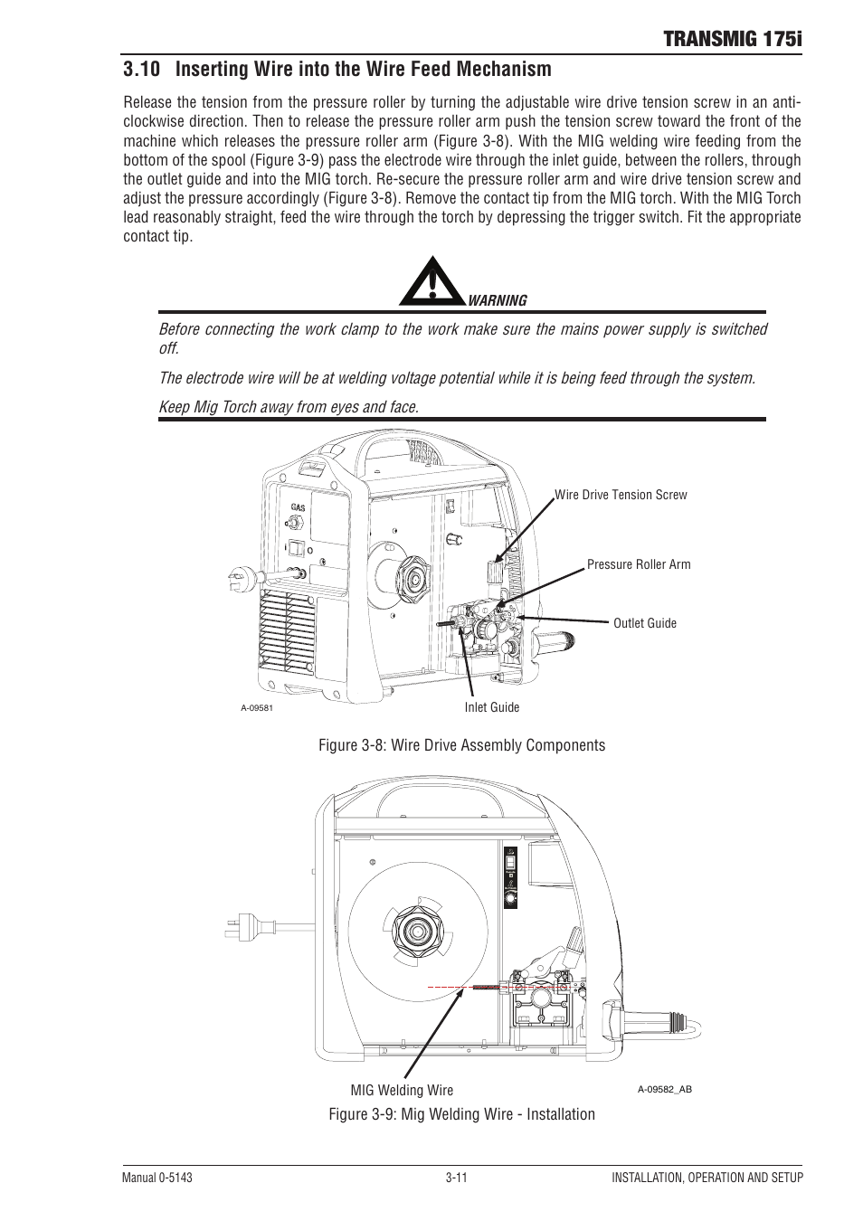 10 inserting wire into the wire feed mechanism, Transmig 175i | Tweco 175i Transtig User Manual | Page 29 / 80