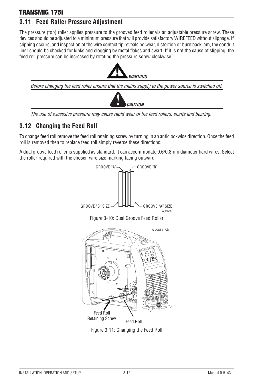 11 feed roller pressure adjustment, Transmig 175i, 12 changing the feed roll | Tweco 175i Transtig User Manual | Page 30 / 80