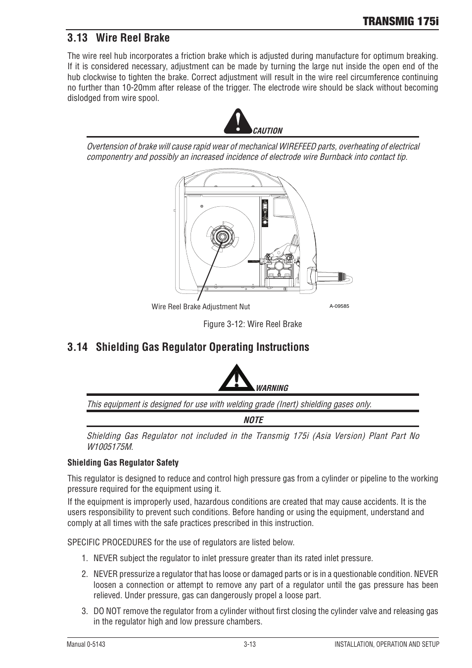 13 wire reel brake, 14 shielding gas regulator operating instructions, Transmig 175i | Tweco 175i Transtig User Manual | Page 31 / 80