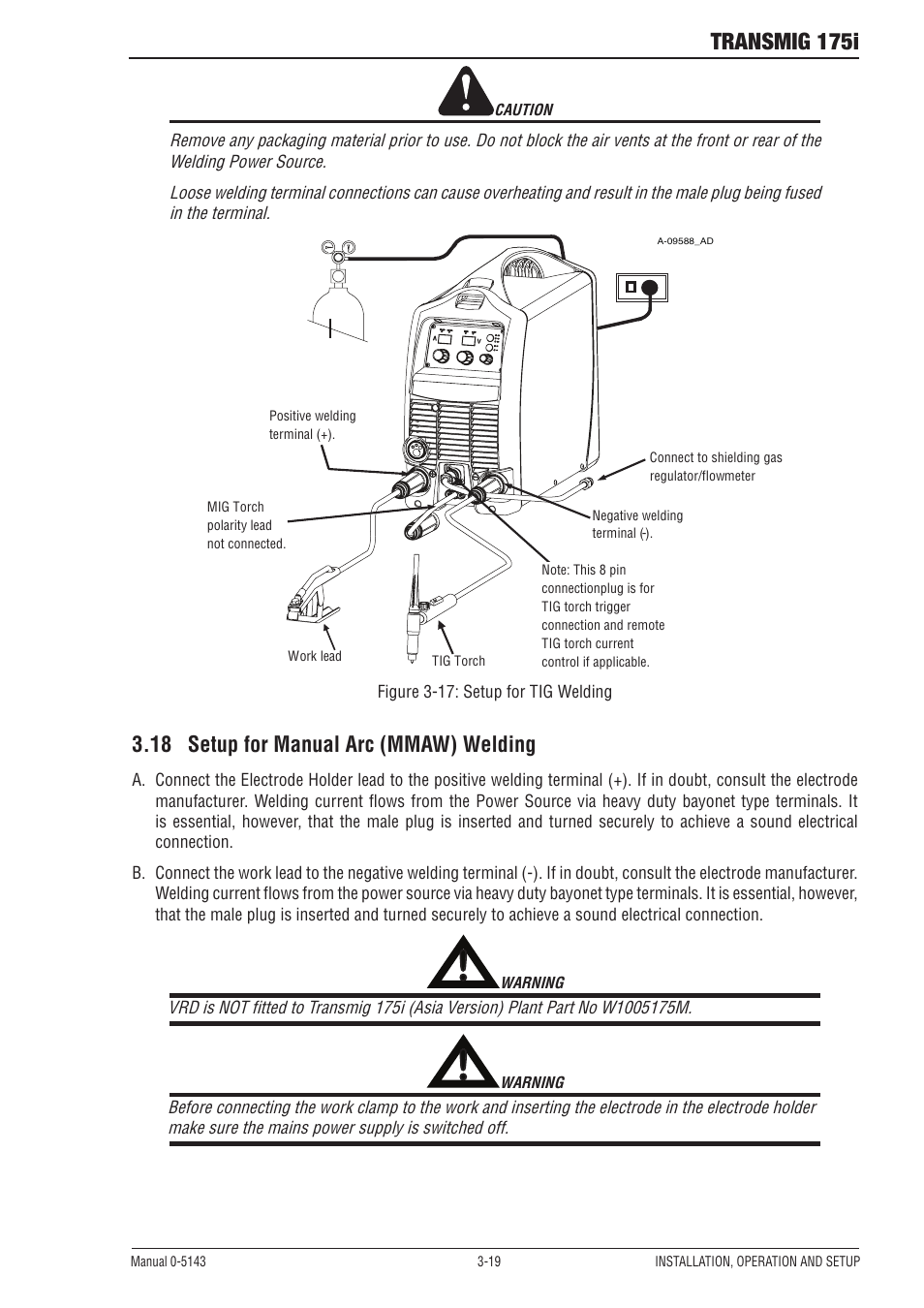 18 setup for manual arc (mmaw) welding, Transmig 175i | Tweco 175i Transtig User Manual | Page 37 / 80