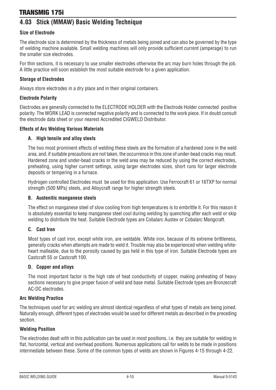 03 stick (mmaw) basic welding technique, Transmig 175i | Tweco 175i Transtig User Manual | Page 48 / 80