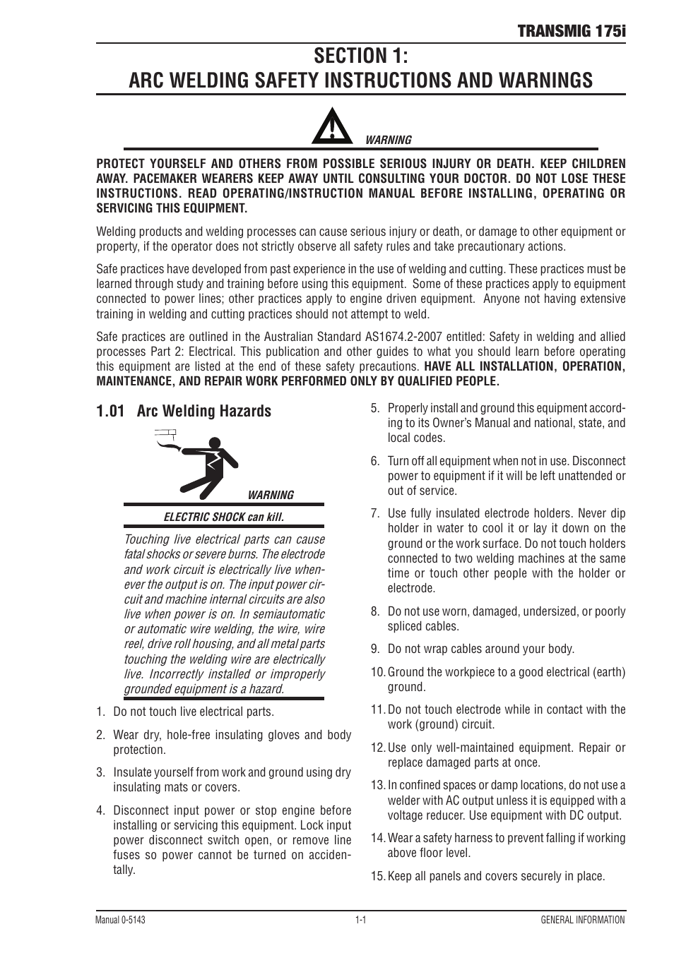 01 arc welding hazards, Transmig 175i | Tweco 175i Transtig User Manual | Page 7 / 80