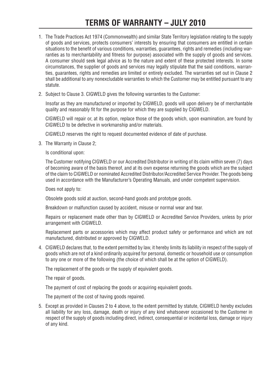 Terms of warranty - july 2010, Terms of warranty – july 2010 | Tweco 175i Transtig User Manual | Page 77 / 80