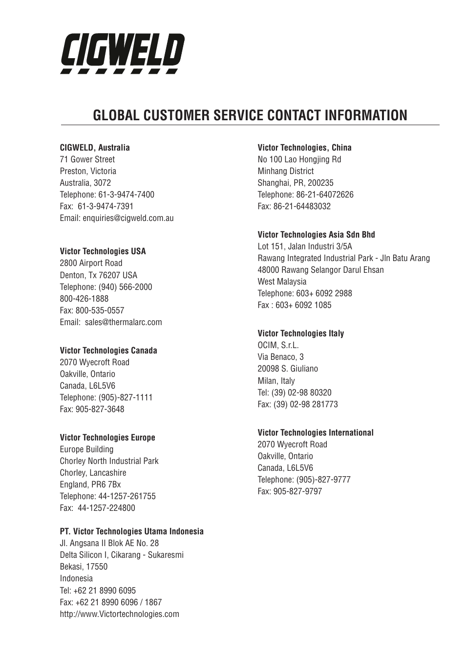 Global customer service contact information | Tweco 175i Transtig User Manual | Page 79 / 80