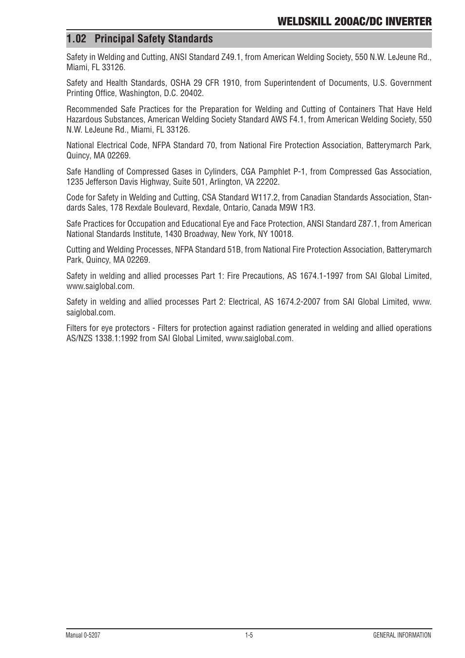 02 principal safety standards, Principal safety standards -5, Weldskill 200ac/dc inverter | Tweco 200DC Inverter Arc Welding Machine User Manual | Page 11 / 68