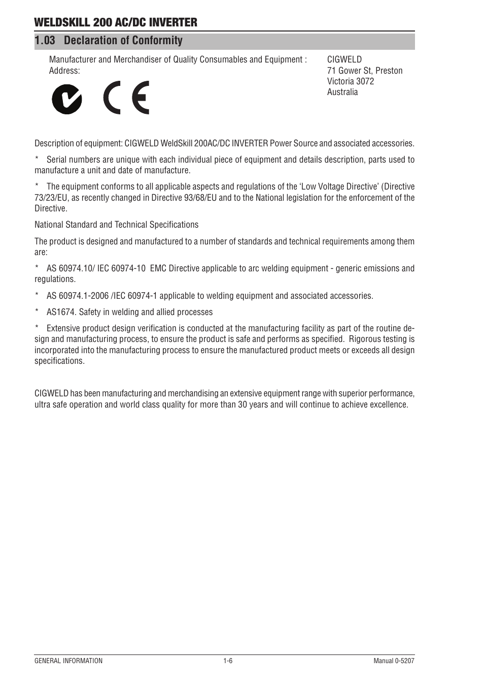 03 declaration of conformity, Declaration of conformity -6, Weldskill 200 ac/dc inverter | Tweco 200DC Inverter Arc Welding Machine User Manual | Page 12 / 68