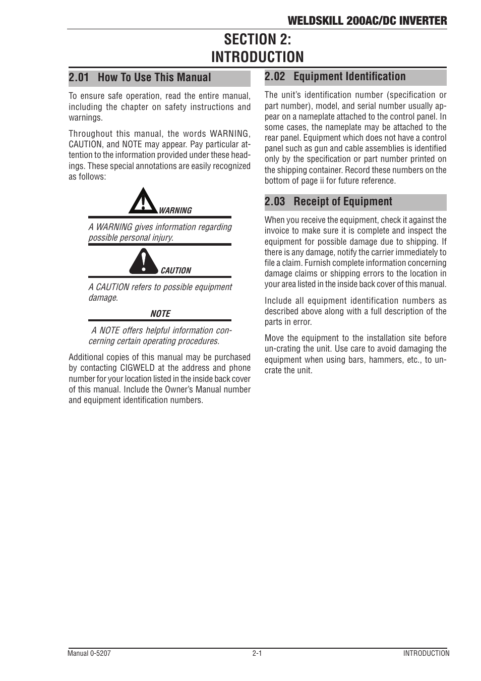 Section 2: introduction, 01 how to use this manual, 02 equipment identification | 03 receipt of equipment, Section 2, Introduction -1, How to use this manual -1, Equipment identification -1, Receipt of equipment -1, Weldskill 200ac/dc inverter | Tweco 200DC Inverter Arc Welding Machine User Manual | Page 13 / 68