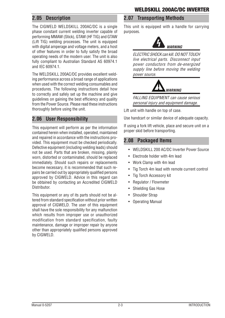 05 description, 06 user responsibility, 07 transporting methods | 08 packaged items, 05 description -3 2.06, User responsibility -3, Transporting methods -3, Packaged items -3, Weldskill 200ac/dc inverter | Tweco 200DC Inverter Arc Welding Machine User Manual | Page 15 / 68