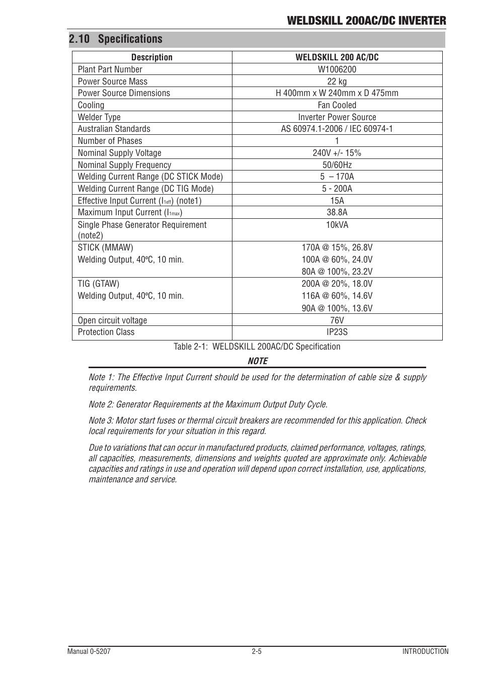 10 specifications, 10 specifications -5, Weldskill 200ac/dc inverter | Tweco 200DC Inverter Arc Welding Machine User Manual | Page 17 / 68