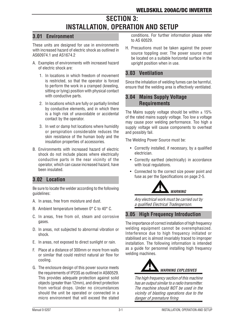 Section 3: installation, operation and setup, 01 environment, 02 location | 03 ventilation, 04 mains supply voltage requirements, 05 high frequency introduction, 05 electromagnetic compatibility, Section 3, Installation, operation and setup -1, Mains supply voltage requirements -1 | Tweco 200DC Inverter Arc Welding Machine User Manual | Page 19 / 68