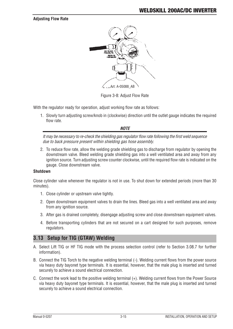 13 setup for tig (gtaw) welding with gas shielding, 17 setup for tig (gtaw) welding, Setup for tig (gtaw) welding -15 | Weldskill 200ac/dc inverter, 13 setup for tig (gtaw) welding | Tweco 200DC Inverter Arc Welding Machine User Manual | Page 33 / 68