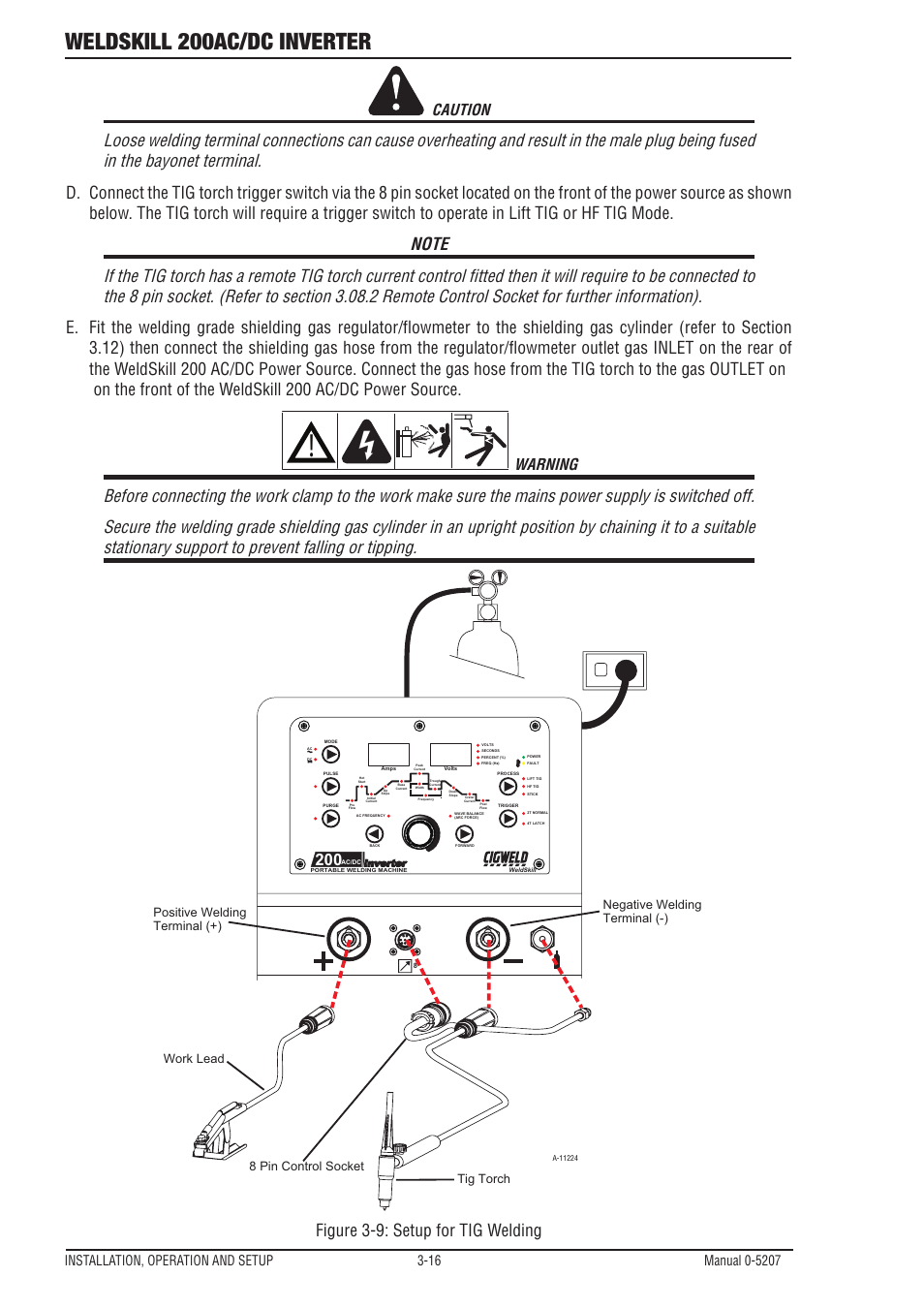 Weldskill 200ac/dc inverter, Figure 3-9: setup for tig welding, Caution | Warning | Tweco 200DC Inverter Arc Welding Machine User Manual | Page 34 / 68