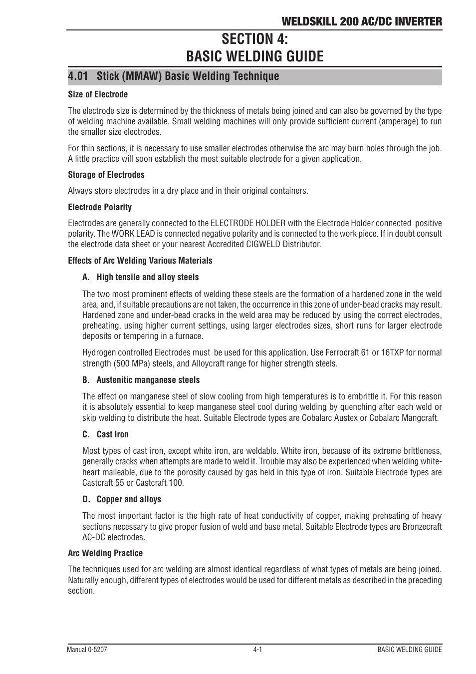 Section 4: basic welding guide, 01 stick (mmaw) basic welding technique, 03 stick (mmaw) basic welding technique | Section 4, Basic welding guide -1, Stick (mmaw) basic welding technique -1, Weldskill 200 ac/dc inverter | Tweco 200DC Inverter Arc Welding Machine User Manual | Page 37 / 68