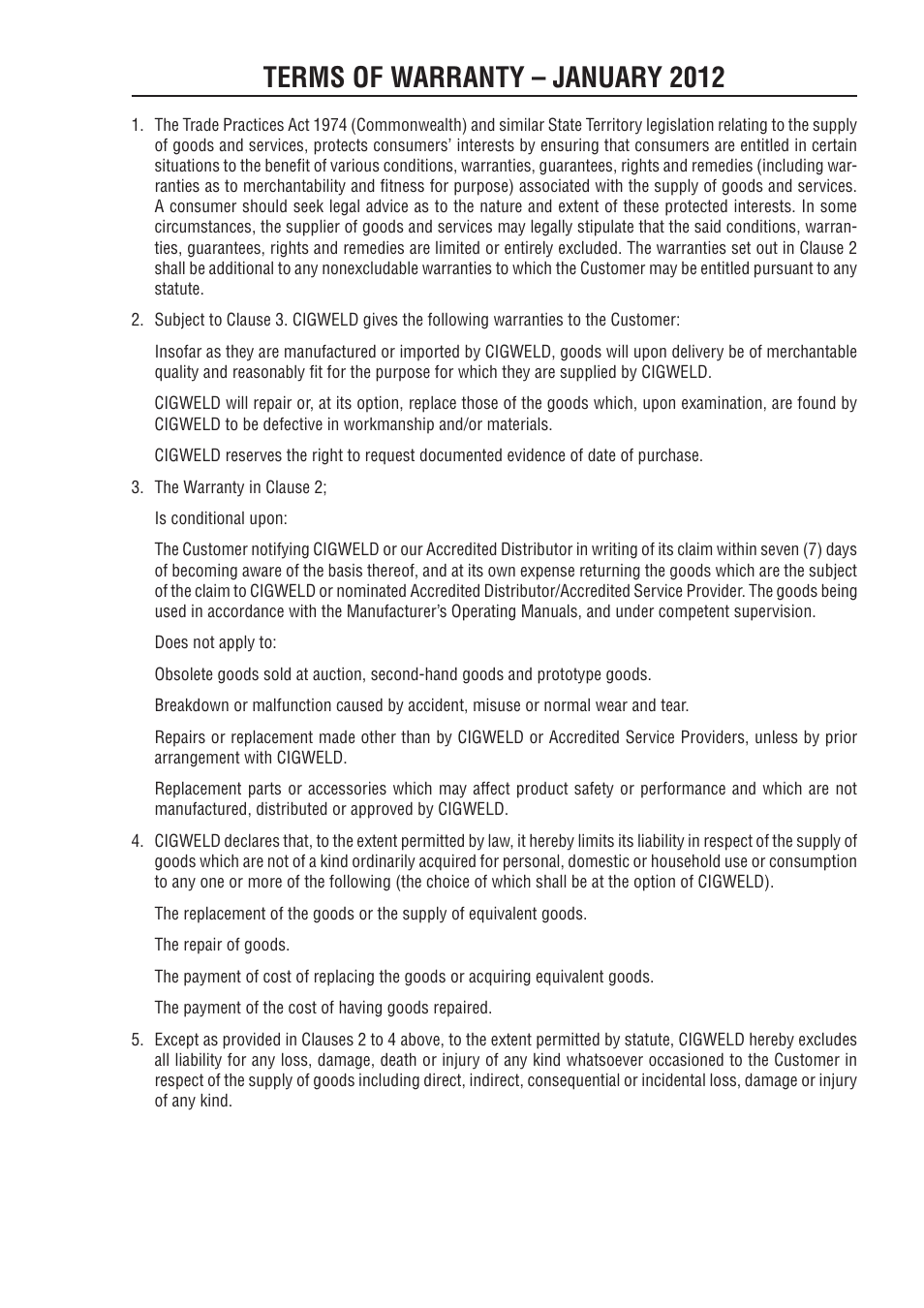 Terms of warranty – january 2012, Terms of warranty - july 2010 | Tweco 200DC Inverter Arc Welding Machine User Manual | Page 64 / 68