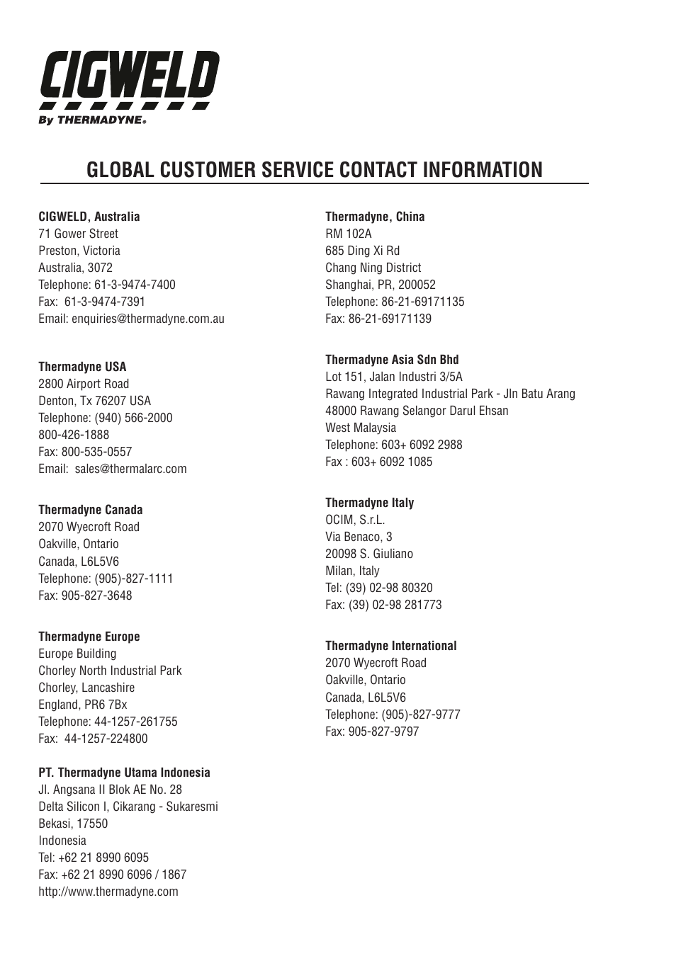 Global customer service contact information | Tweco 200DC Inverter Arc Welding Machine User Manual | Page 67 / 68