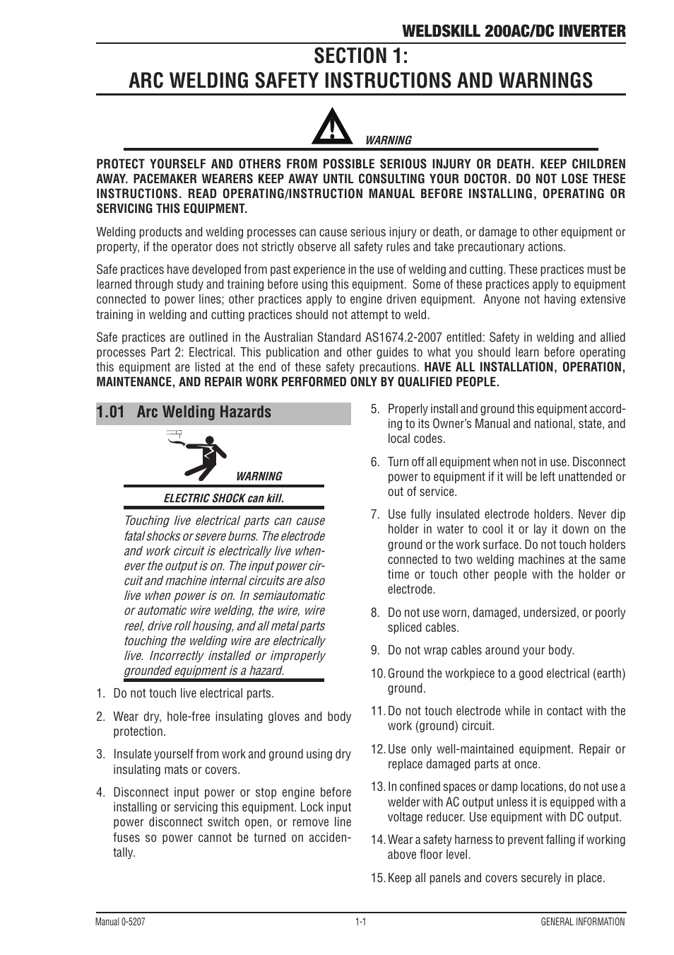 01 arc welding hazards, Section 1, Arc welding safety instructions and warnings -1 | Arc welding hazards -1, Weldskill 200ac/dc inverter | Tweco 200DC Inverter Arc Welding Machine User Manual | Page 7 / 68