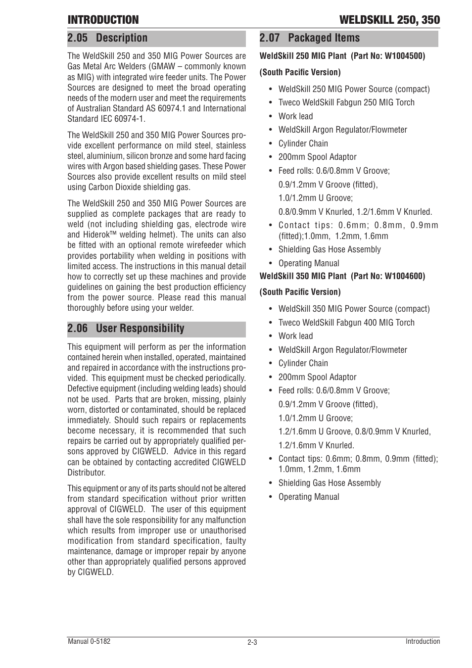 05 description, 06 user responsibility, 07 packaged items | Tweco 350 4R Wirefeeder User Manual | Page 15 / 66