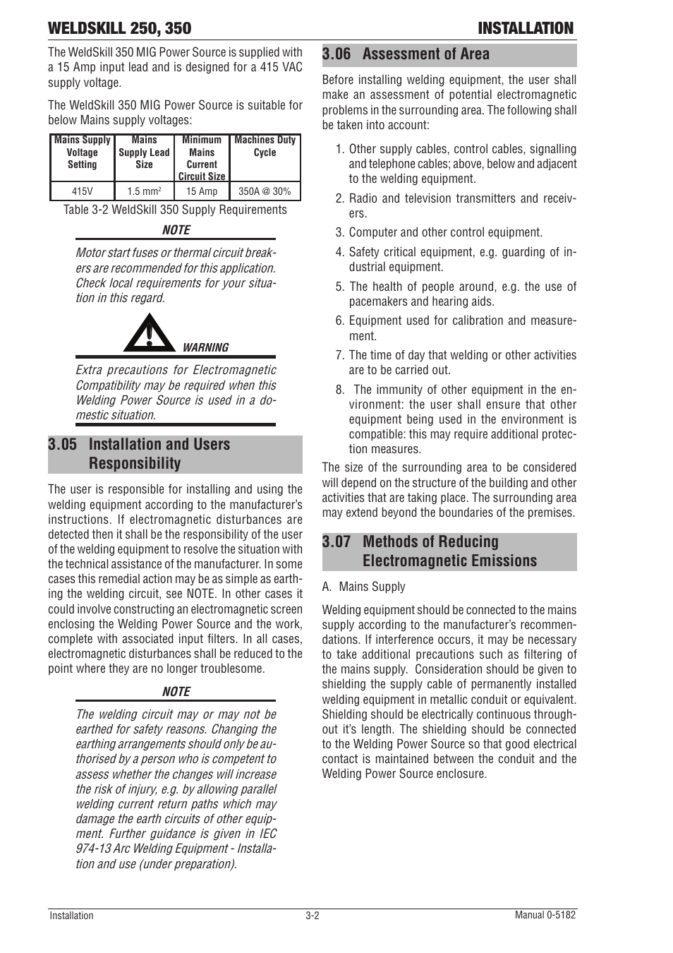 05 installation and users responsibility, 06 assessment of area, 07 methods of reducing electromagnetic emissions | Tweco 350 4R Wirefeeder User Manual | Page 22 / 66