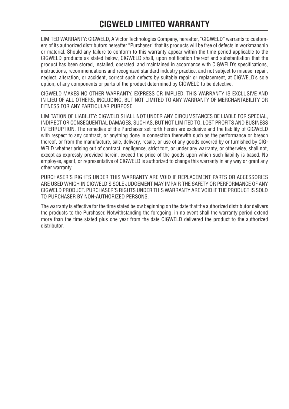 5182-cigweld limited warranty, Cigweld limited warranty | Tweco 350 4R Wirefeeder User Manual | Page 61 / 66