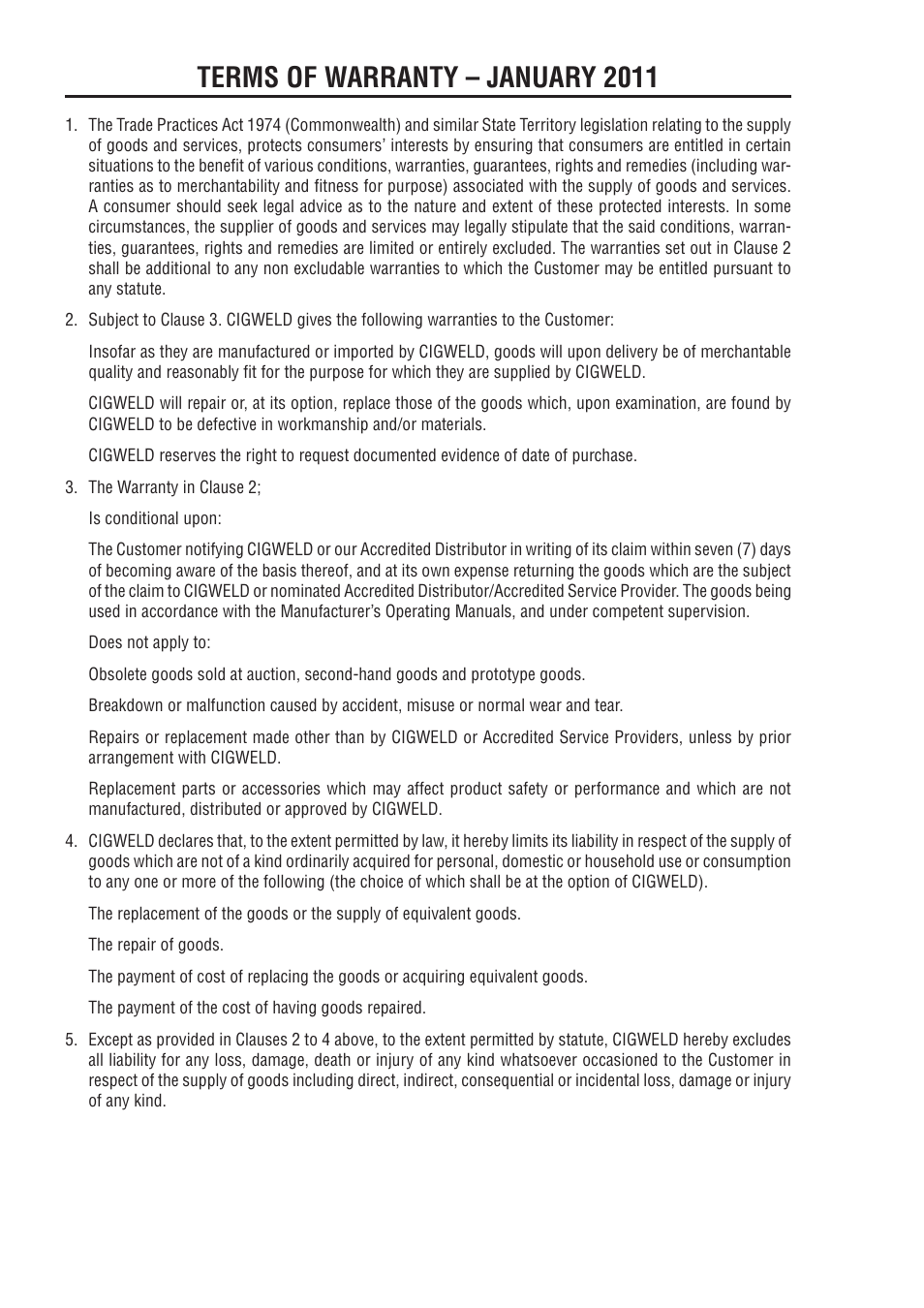 Terms of warranty – january 2011 | Tweco 350 4R Wirefeeder User Manual | Page 62 / 66